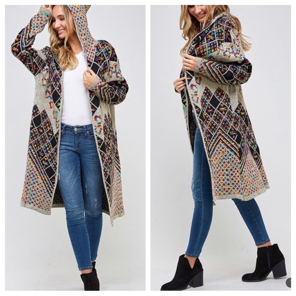 21 Boho Sweater Long Sleeve Hooded Long Cardigan Rainbow Multi Pattern - Picture 2 of 5